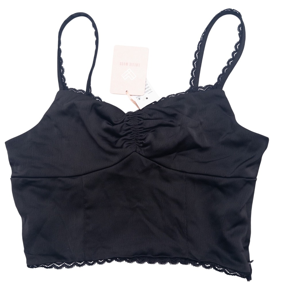 Women's Black Spaghetti Strap Crop Top Lace Trim XS New with Tags